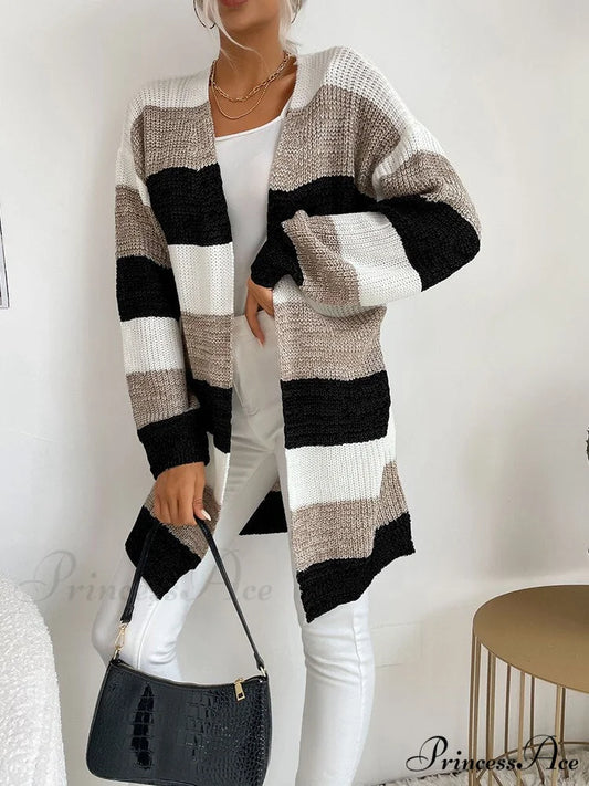 V-neck Knitted Sweater Fashion Warm Holiday Cardigan Coffee / S