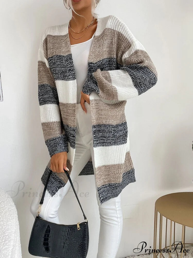 V-neck Knitted Sweater Fashion Warm Holiday Cardigan Grey White / S