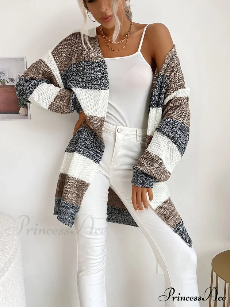 V-neck Knitted Sweater Fashion Warm Holiday Cardigan Khaki / S