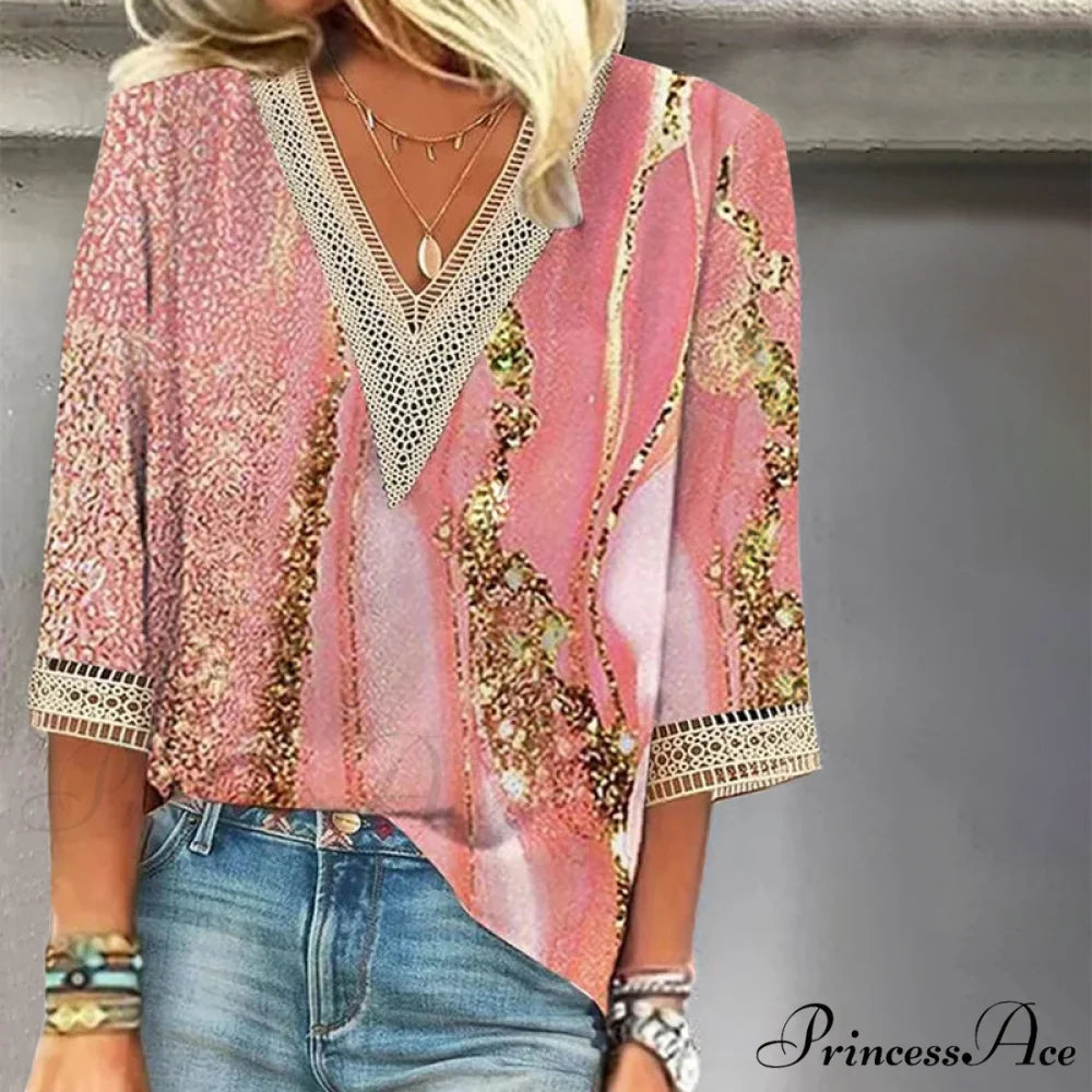 V-Neck Lace Blouse Pink / S
