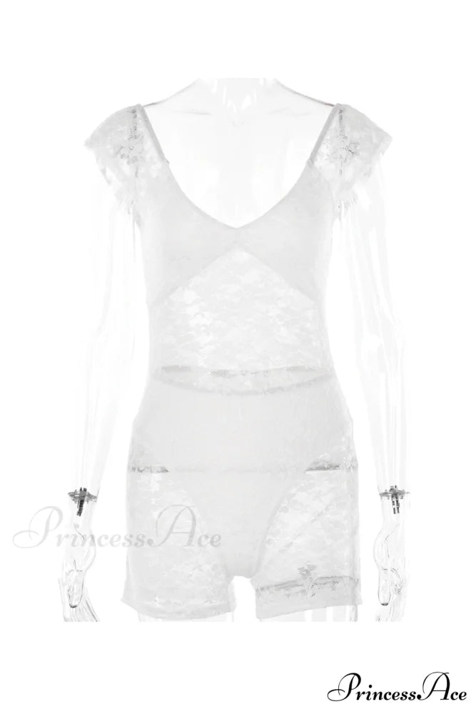 V Neck Lace Bodycon Rompers with Short Sleeves