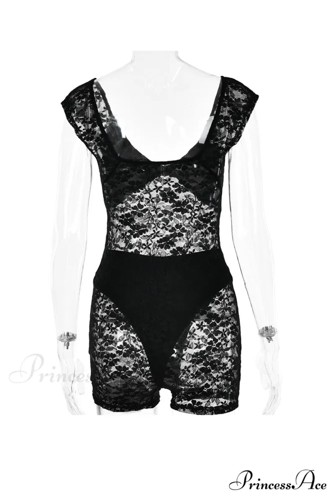 V Neck Lace Bodycon Rompers with Short Sleeves