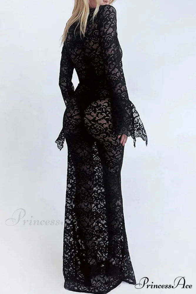 V Neck Lace Flare Sleeve Dress