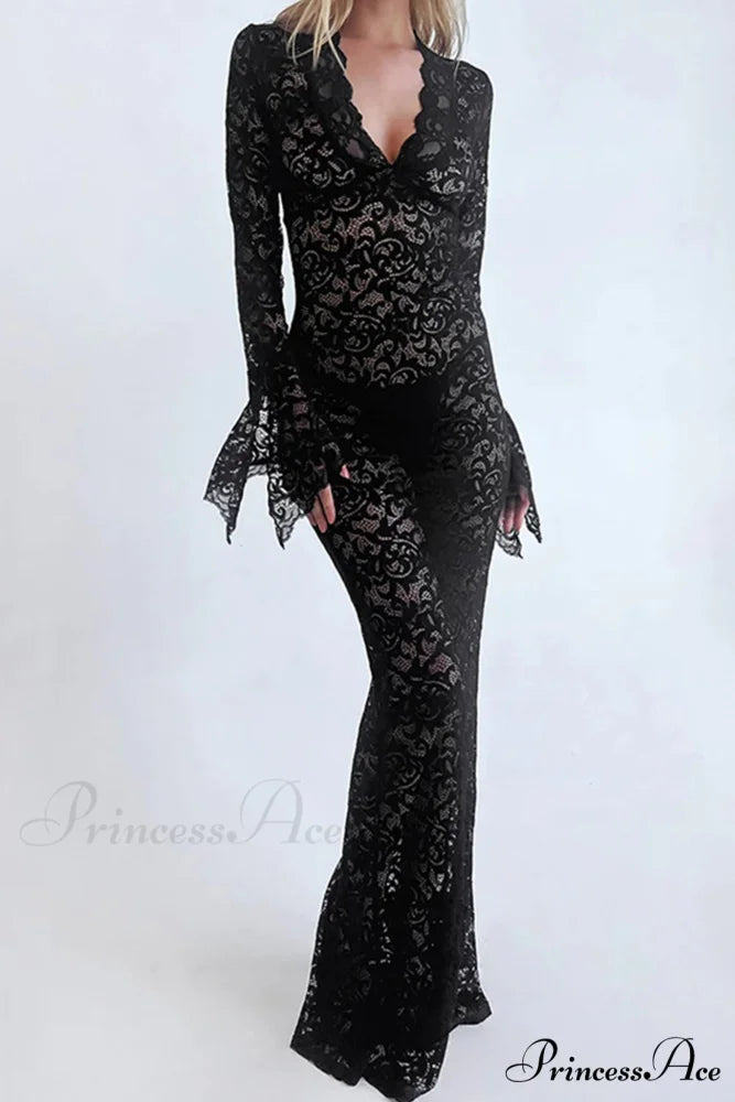 V Neck Lace Flare Sleeve Dress Black / L