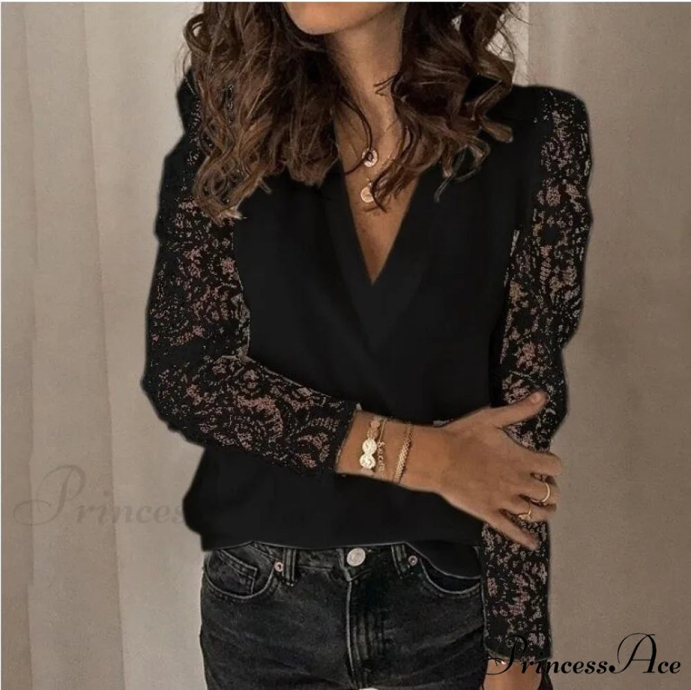 V-neck Lace Hollow Out Top Black / S
