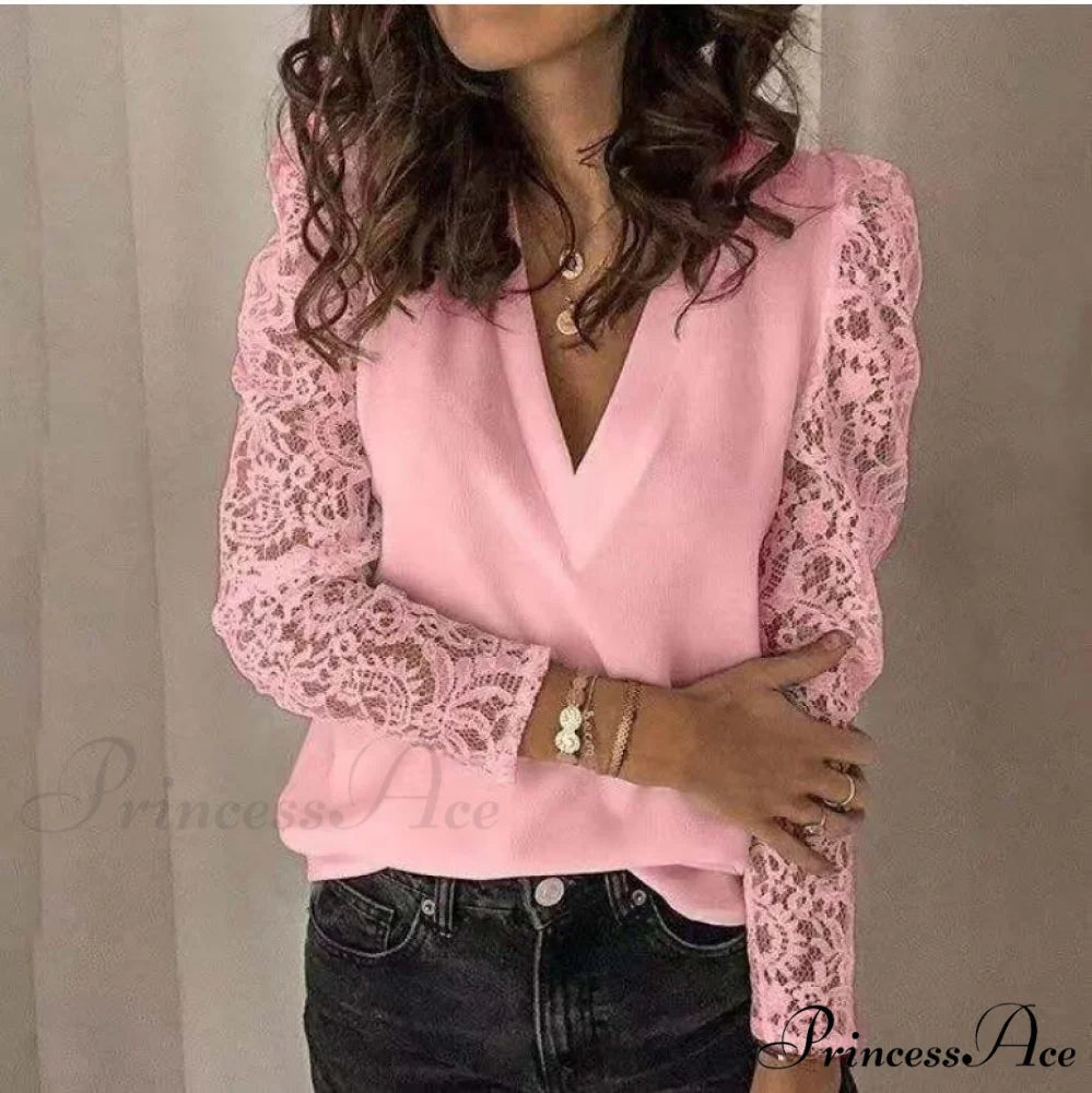 V-neck Lace Hollow Out Top Pink / S