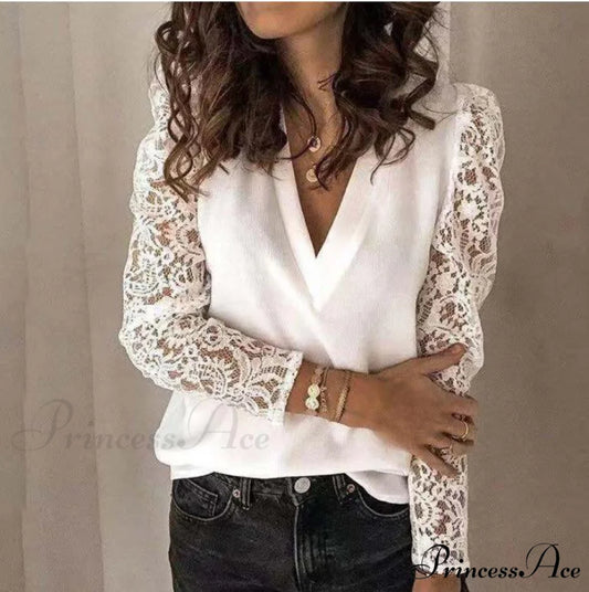V-neck Lace Hollow Out Top White / S
