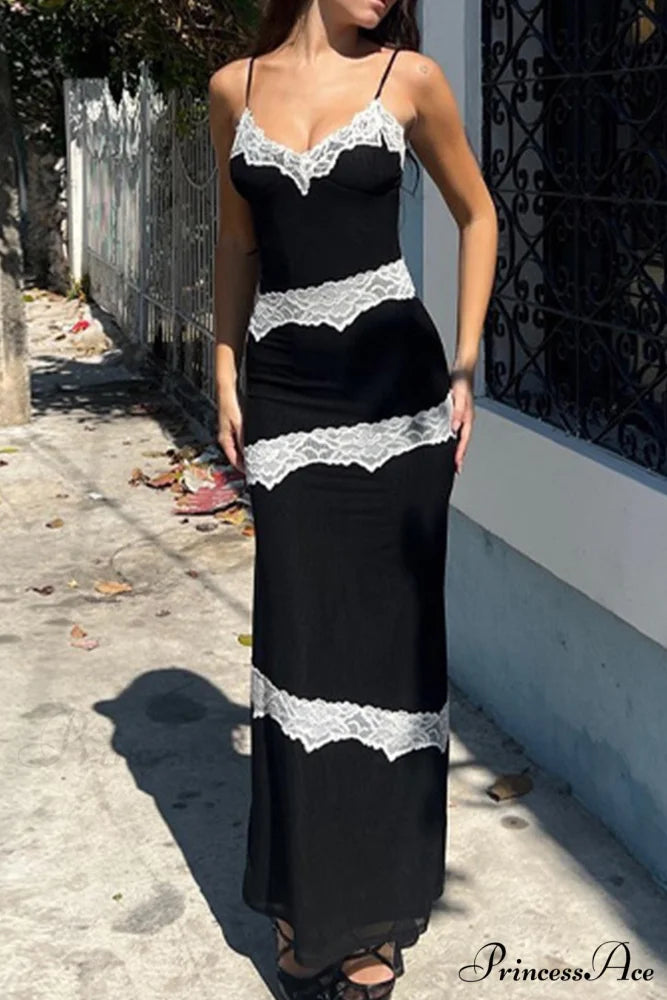 V Neck Lace Patchwork Cami Dress Black / S