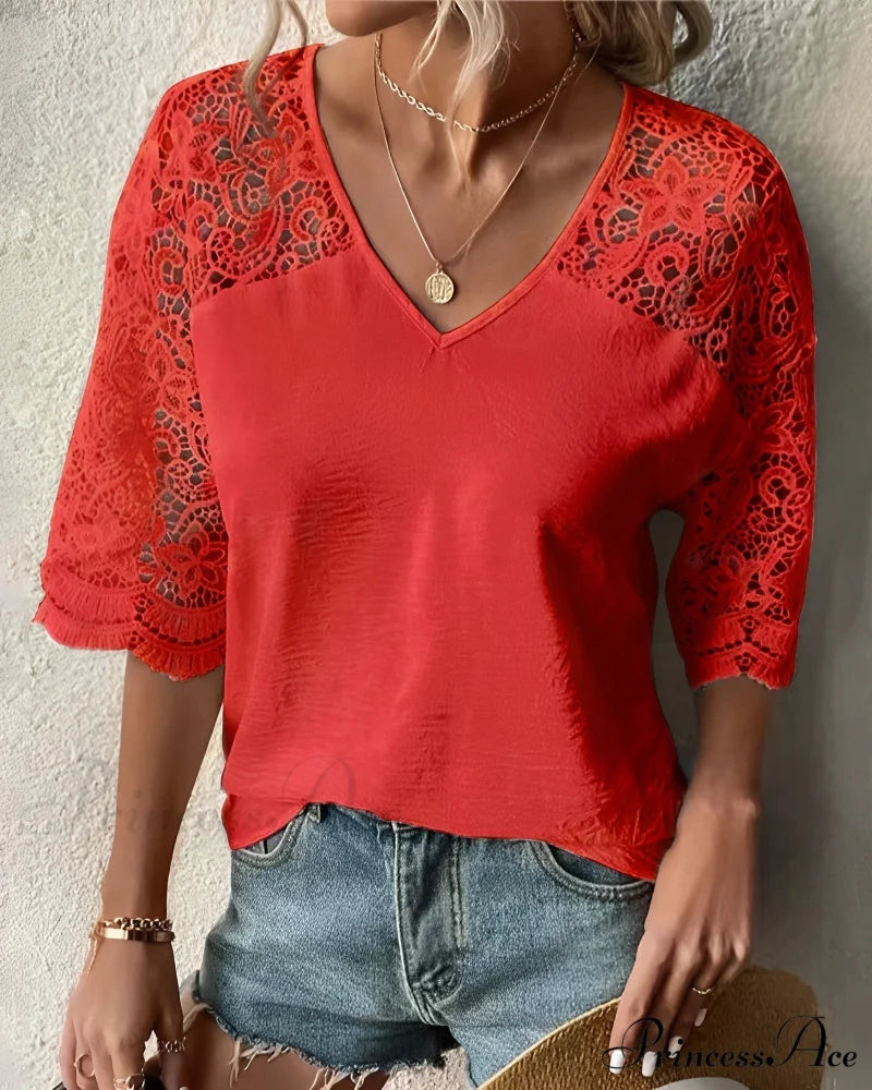 V-neck lace sleeve Top Red / S