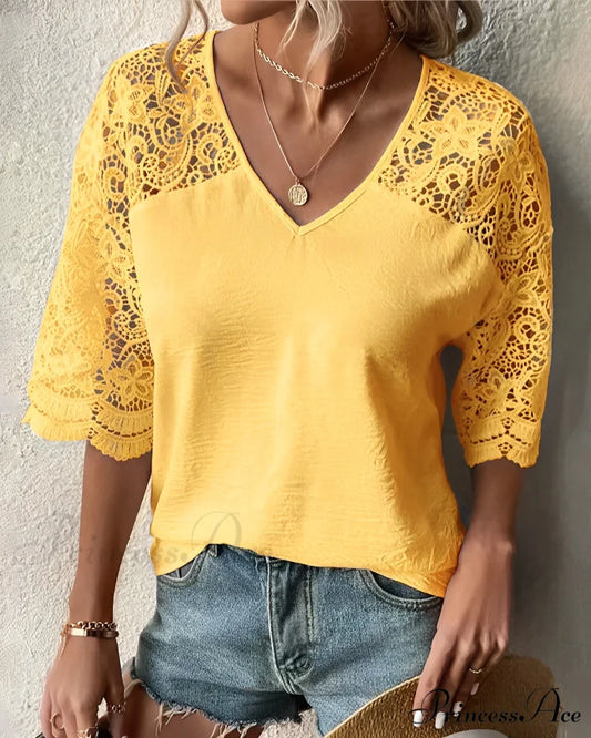 V-neck lace sleeve Top Yellow / S