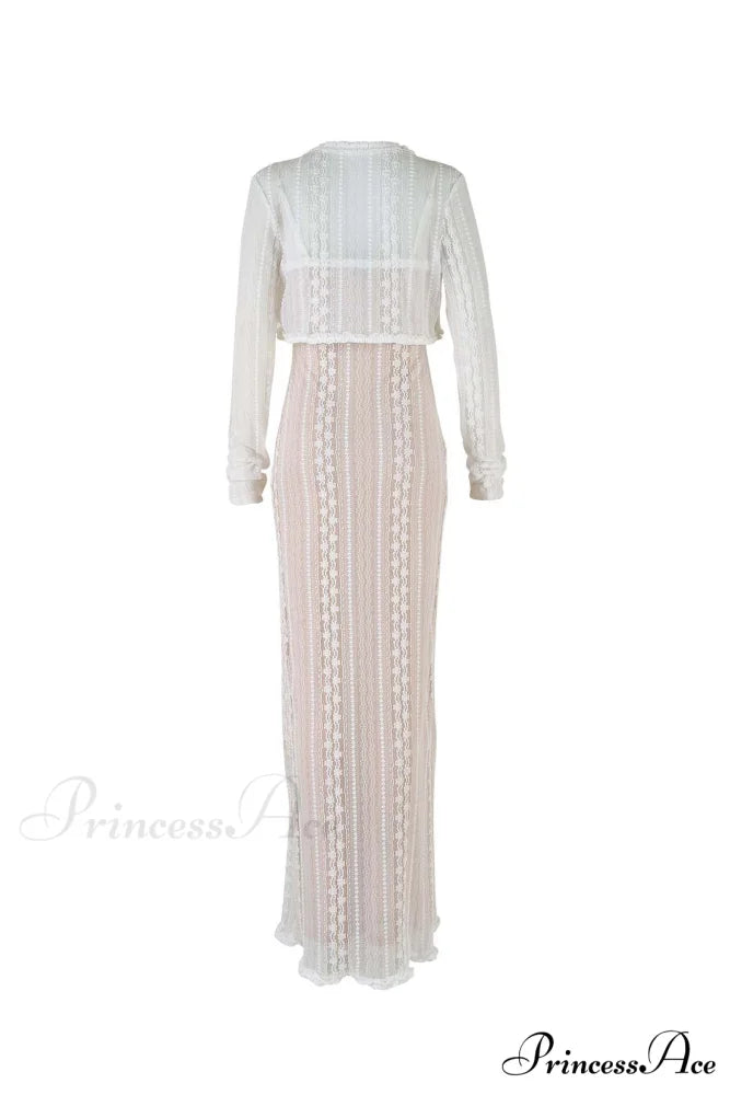 V Neck Lace Two-Piece Dress with Slit