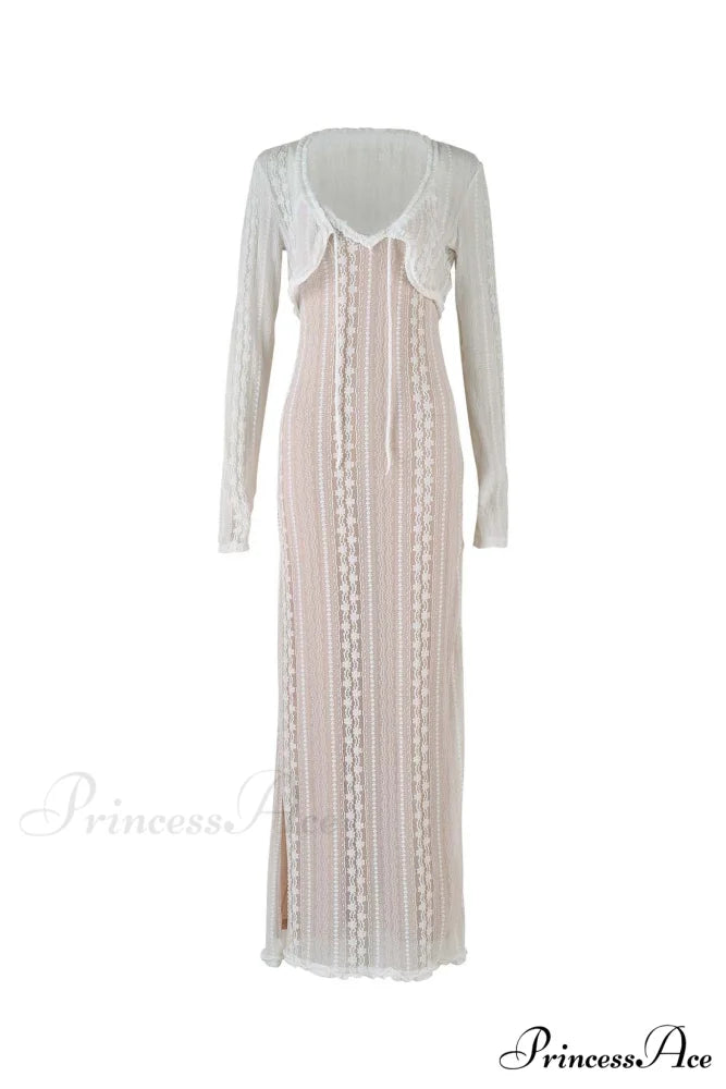 V Neck Lace Two-Piece Dress with Slit