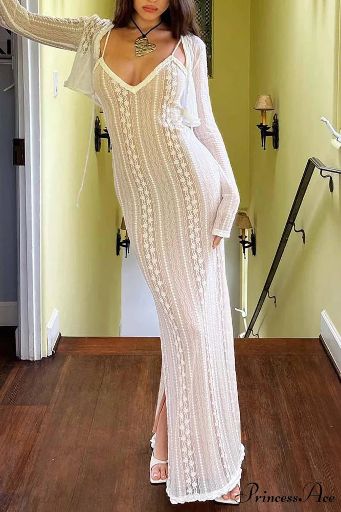 V Neck Lace Two-Piece Dress with Slit Apricot / L