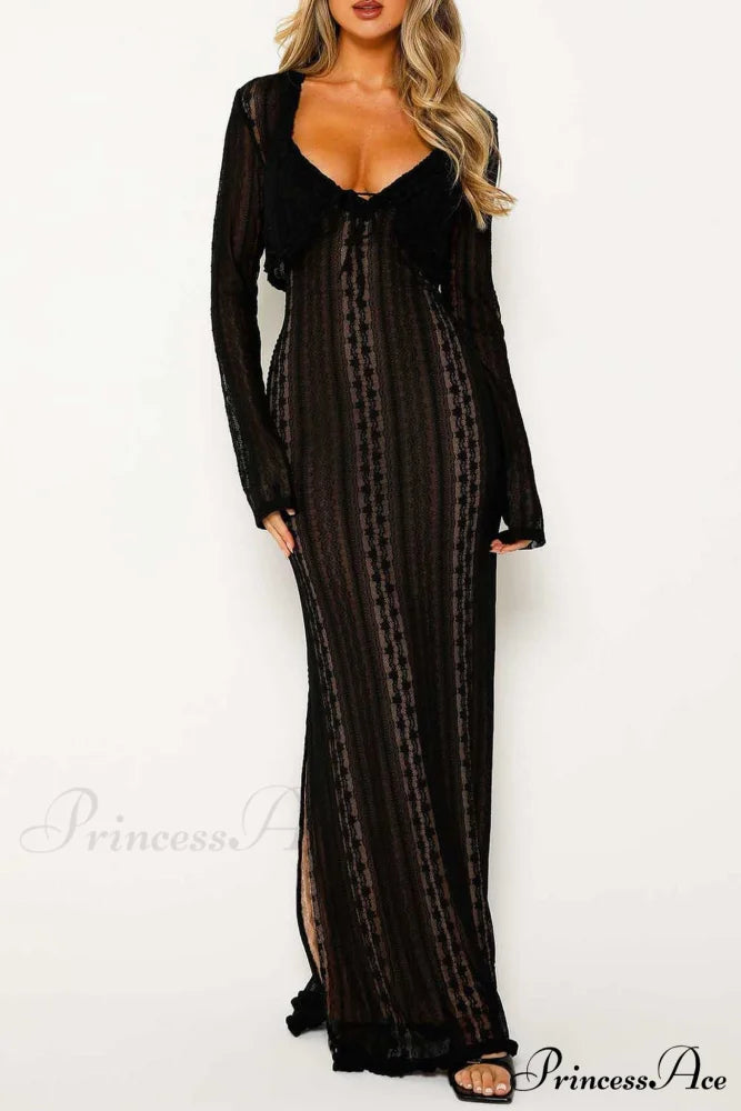 V Neck Lace Two-Piece Dress with Slit Black / L