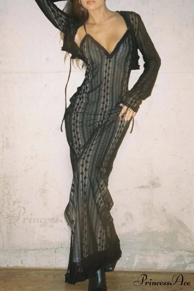 V Neck Lace Two-Piece Dress with Slit Black / S