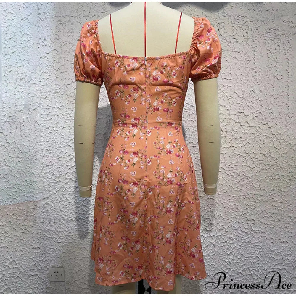 V-Neck Lace Up Lantern Sleeve Ruffles Dress L / ORANGE