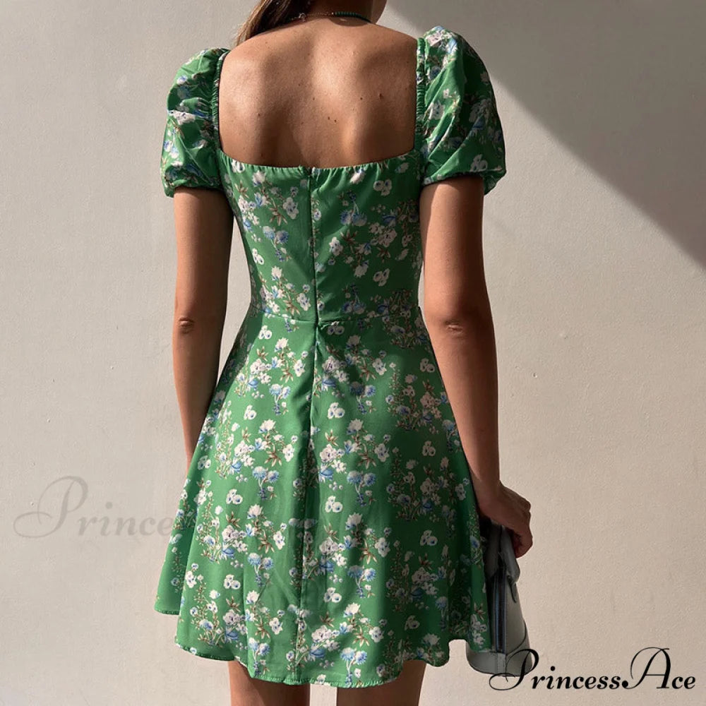 V-Neck Lace Up Lantern Sleeve Ruffles Dress M / BLUE