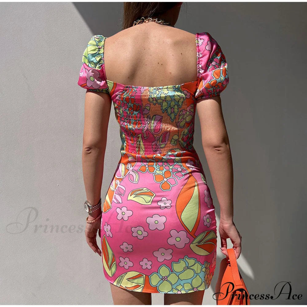 V-Neck Lace Up Lantern Sleeve Ruffles Dress S / ORANGE