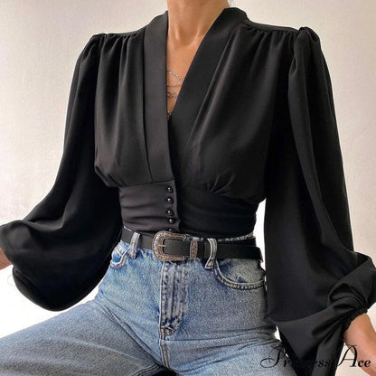 V-neck Lantern Sleeve Patchwork Printing Blouse black / S