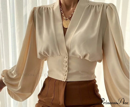 V-neck Lantern Sleeve Patchwork Printing Blouse khaki / S