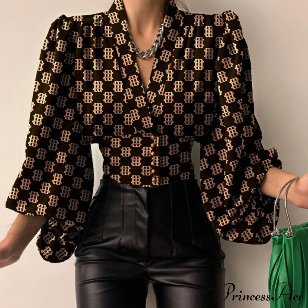 V-neck Lantern Sleeve Patchwork Printing Blouse printing / S