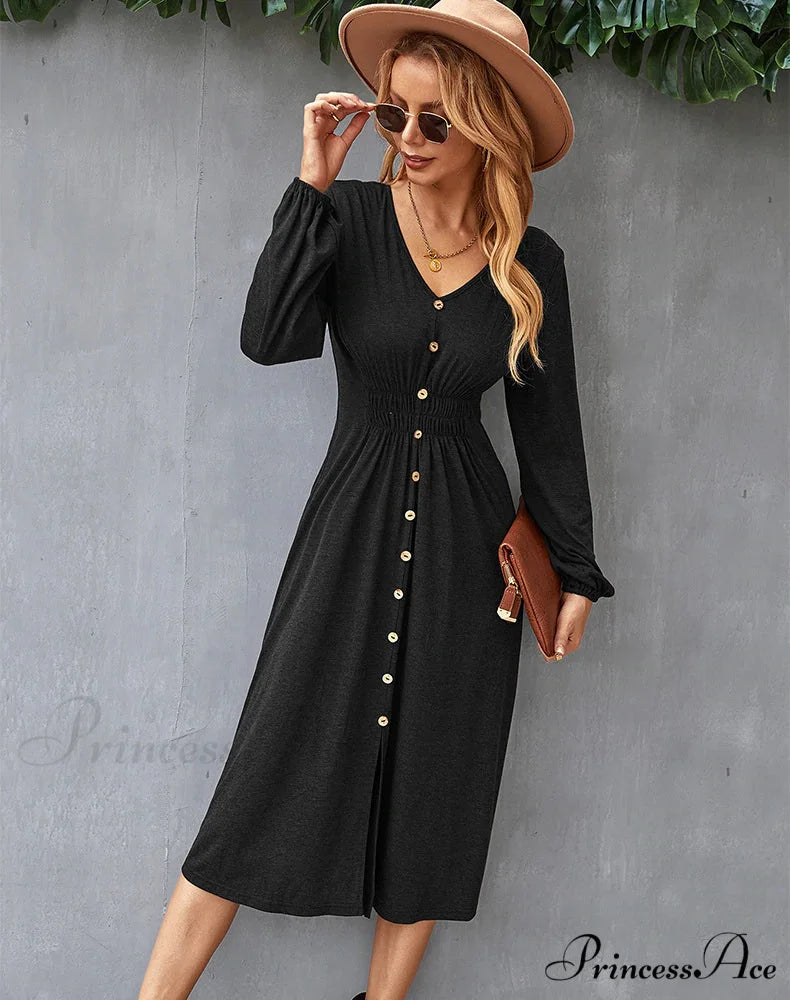 V-NECK LONG SLEEVE A-LINE DRESS M / black