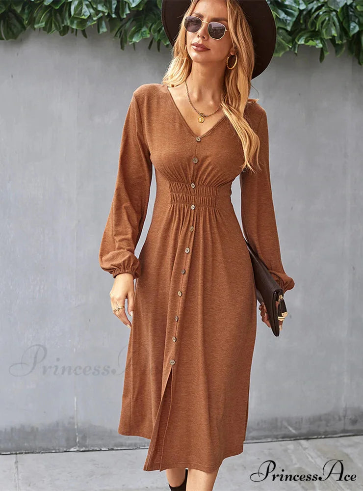 V-NECK LONG SLEEVE A-LINE DRESS M / gray