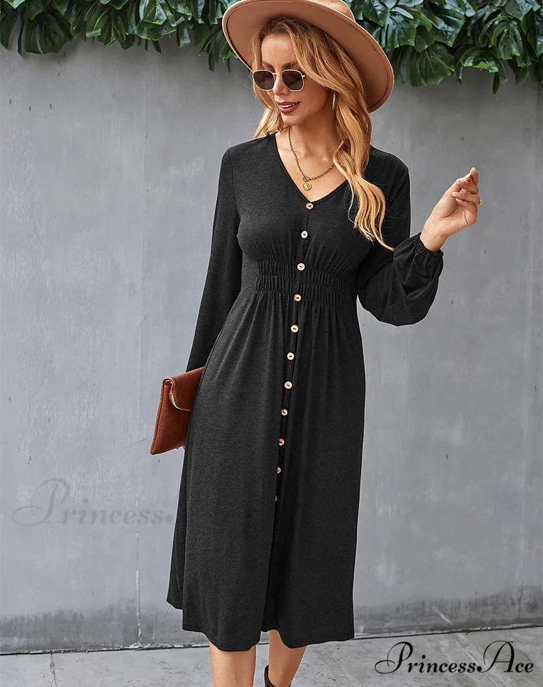 V-NECK LONG SLEEVE A-LINE DRESS M / green