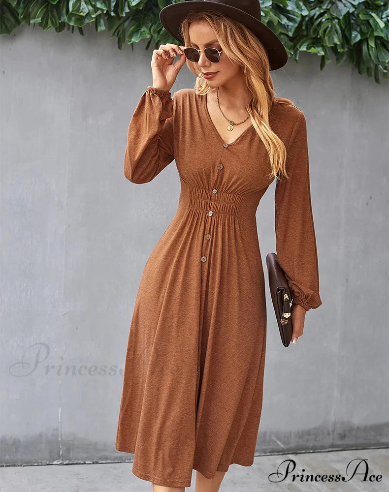 V-NECK LONG SLEEVE A-LINE DRESS M / orange