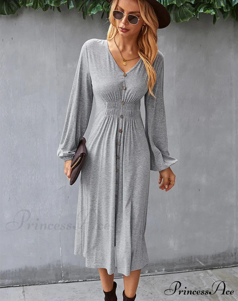 V-NECK LONG SLEEVE A-LINE DRESS S / green