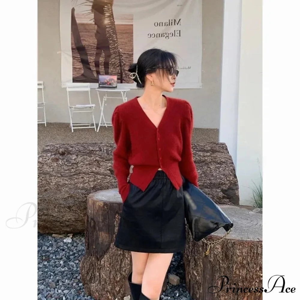 V-Neck Long Sleeve Crop Solid Red Cardigan Red / S