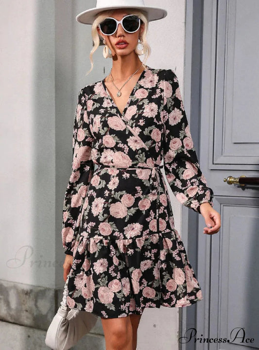 V-NECK LONG SLEEVE DRESS - PRINTED