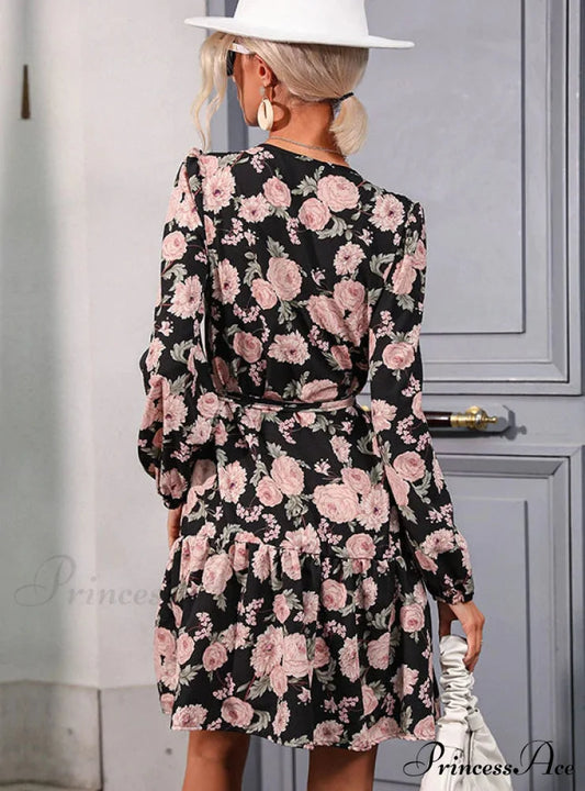 V-NECK LONG SLEEVE DRESS - PRINTED
