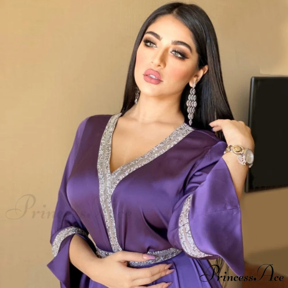 V Neck Long Sleeve Dresses purple abaya / S