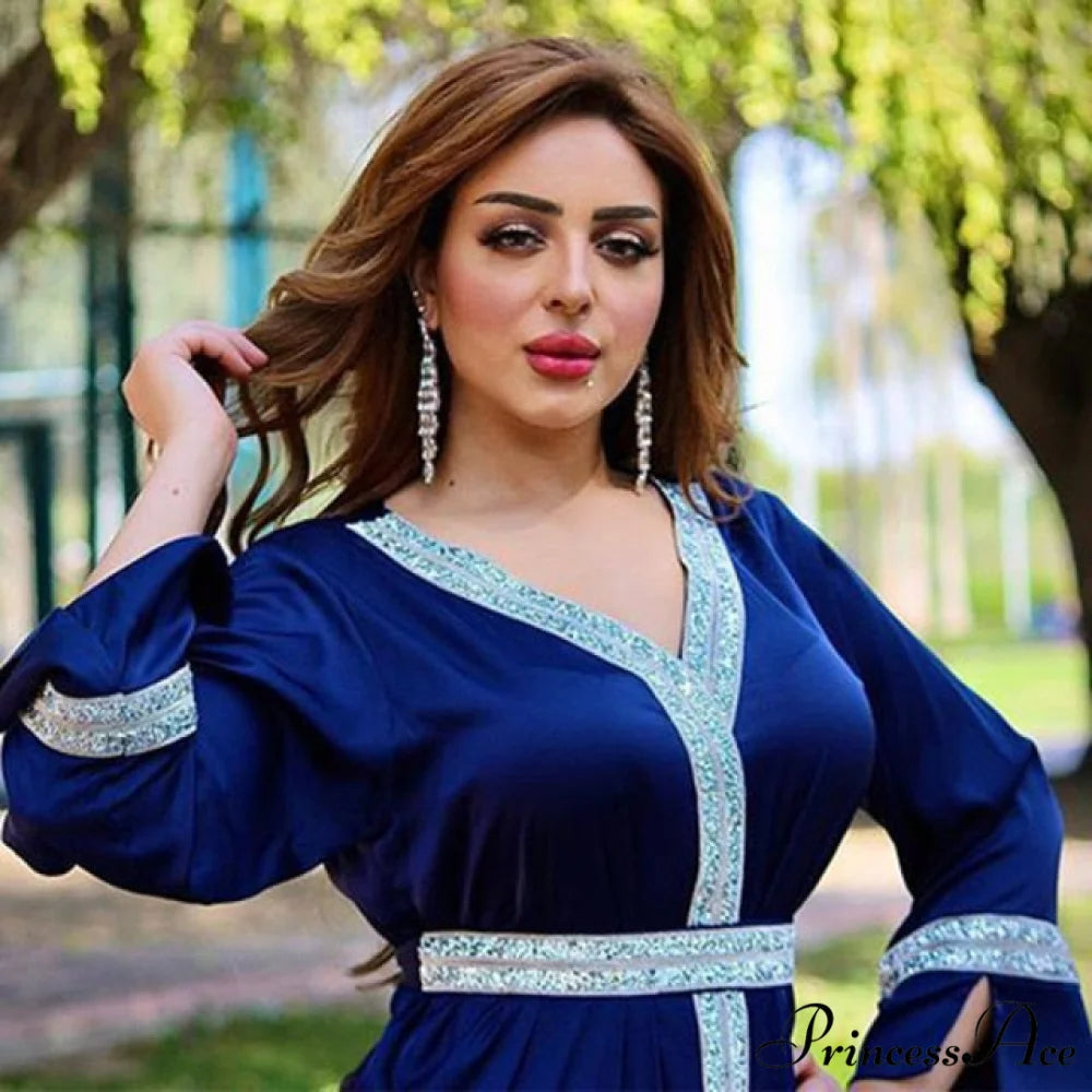 V Neck Long Sleeve Dresses Royal blue abaya / S