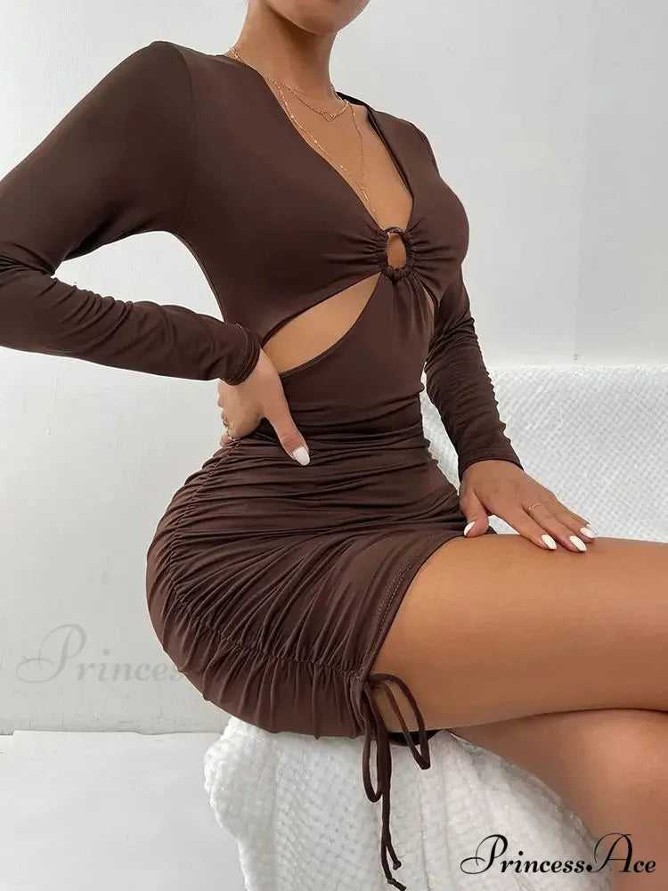 V Neck Long Sleeve Mini Hollow Out Bodycon Pleated Drawstring Elegant Cut Out Dress