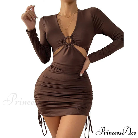 V Neck Long Sleeve Mini Hollow Out Bodycon Pleated Drawstring Elegant Cut Out Dress BROWN / XS