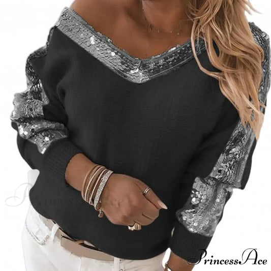 V Neck Long Sleeve Sequins One Shoulder Pullover Black / S Sweatshirts & Hoodies-L