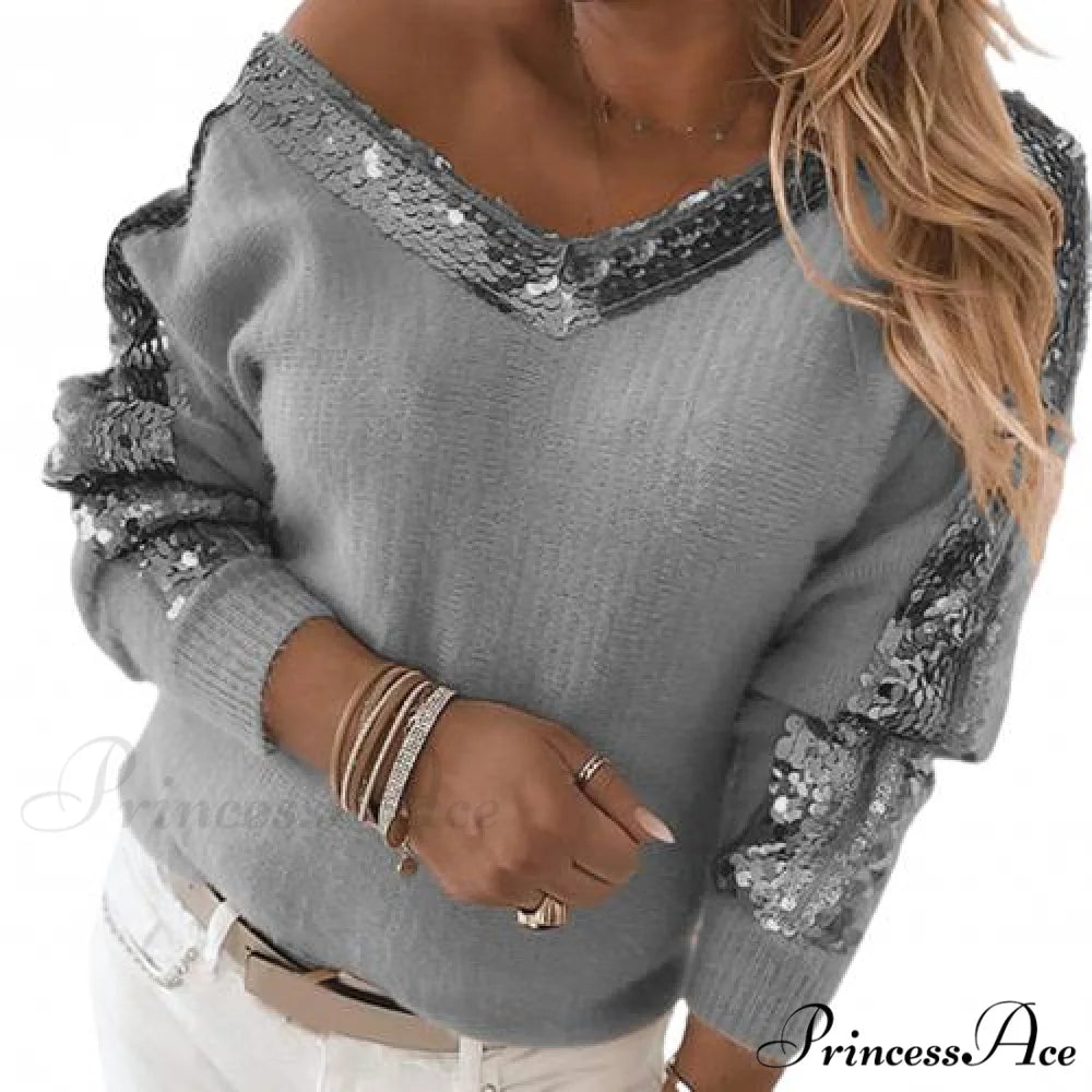 V Neck Long Sleeve Sequins One Shoulder Pullover Grey / S
