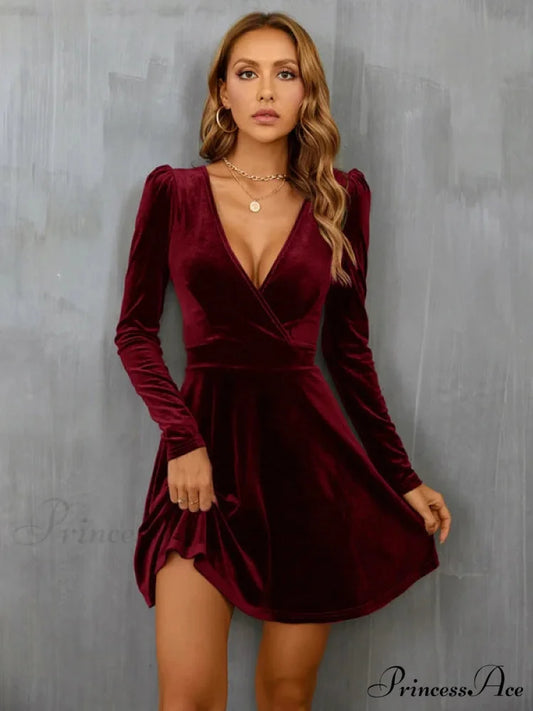 V-Neck Long Sleeve Velvet Dress S / burgundy