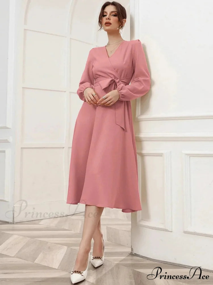 V-NECK LONG-SLEEVED DRESS WITH BUBBLE SLEEVE BELT
