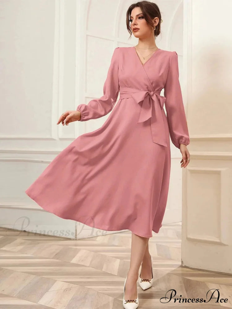 V-NECK LONG-SLEEVED DRESS WITH BUBBLE SLEEVE BELT
