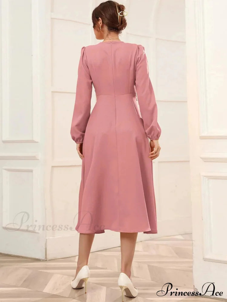 V-NECK LONG-SLEEVED DRESS WITH BUBBLE SLEEVE BELT