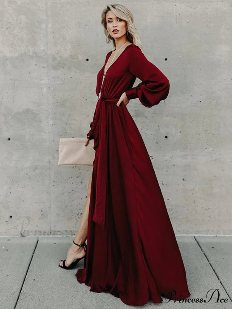 V-neck Long Sleeves Belted Maxi Dress M / Green