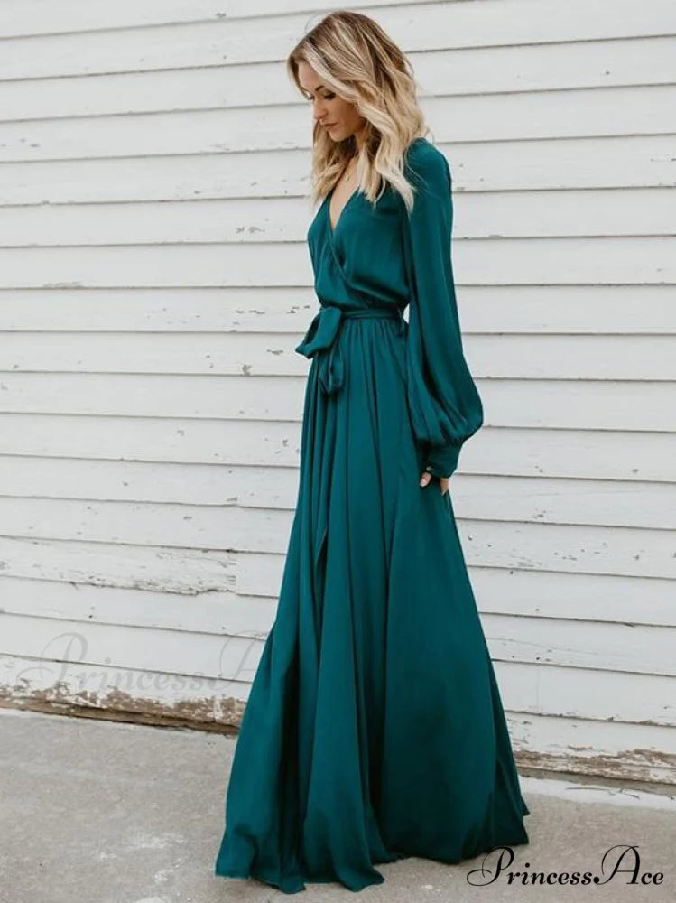V-neck Long Sleeves Belted Maxi Dress S / Burgundy