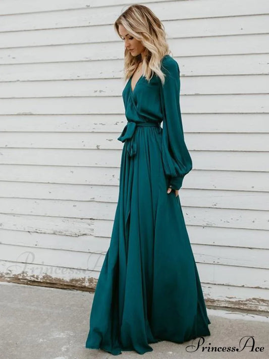 V-neck Long Sleeves Belted Maxi Dress S / Burgundy