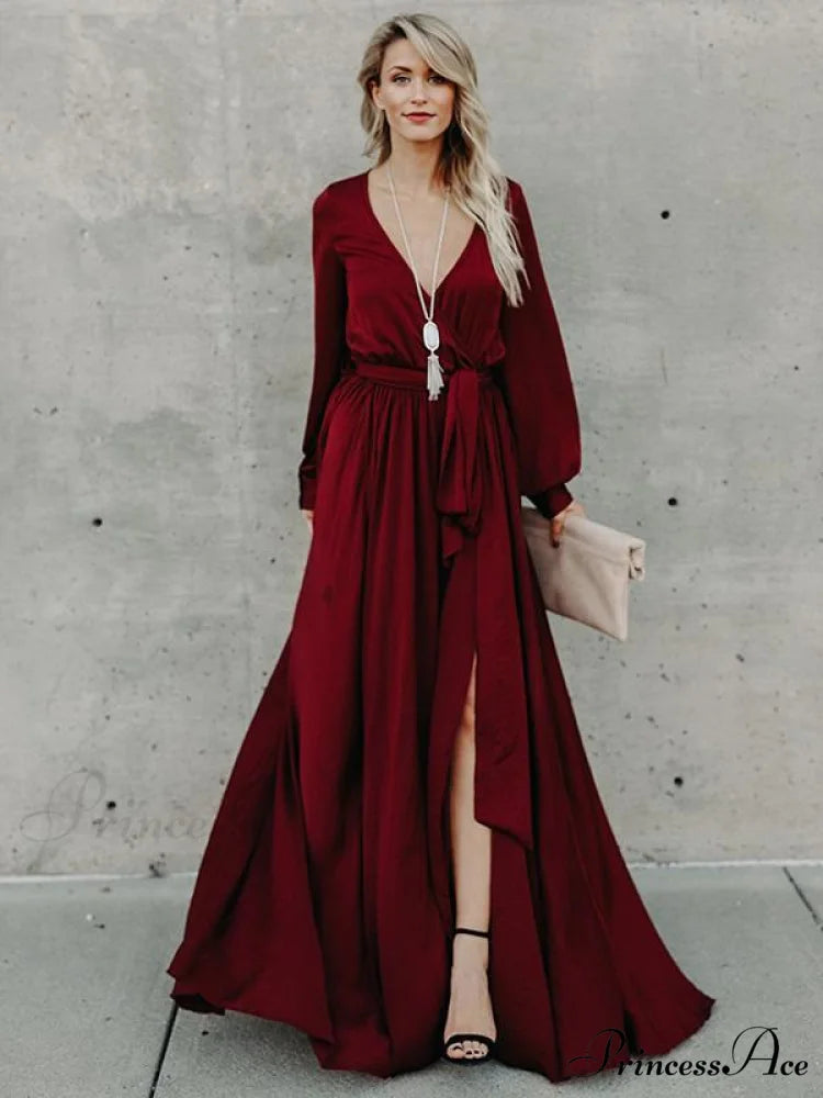 V-neck Long Sleeves Belted Maxi Dress S / Green