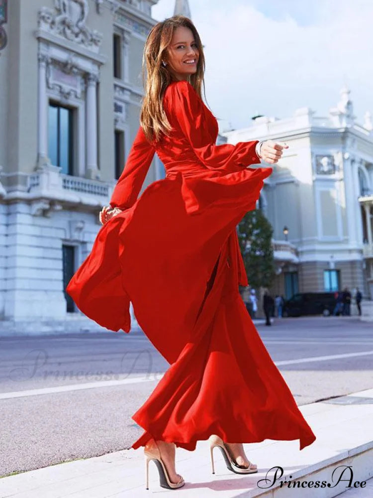 V-neck Long Sleeves Solid Color Belted Maxi Evening Dress M / RED