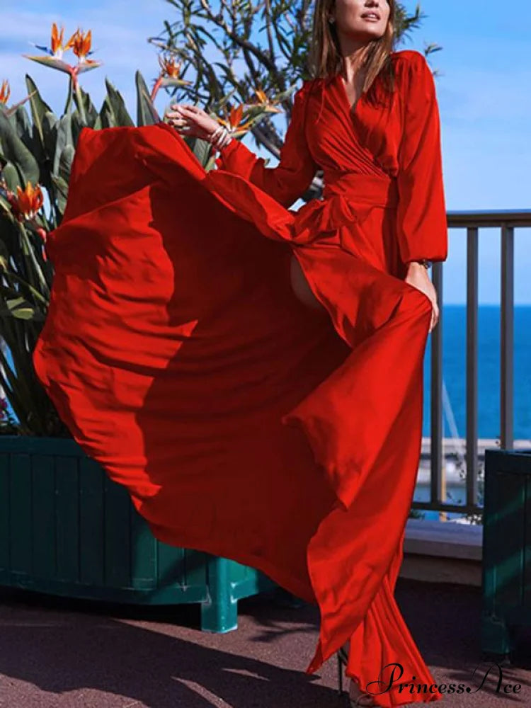V-neck Long Sleeves Solid Color Belted Maxi Evening Dress S / RED