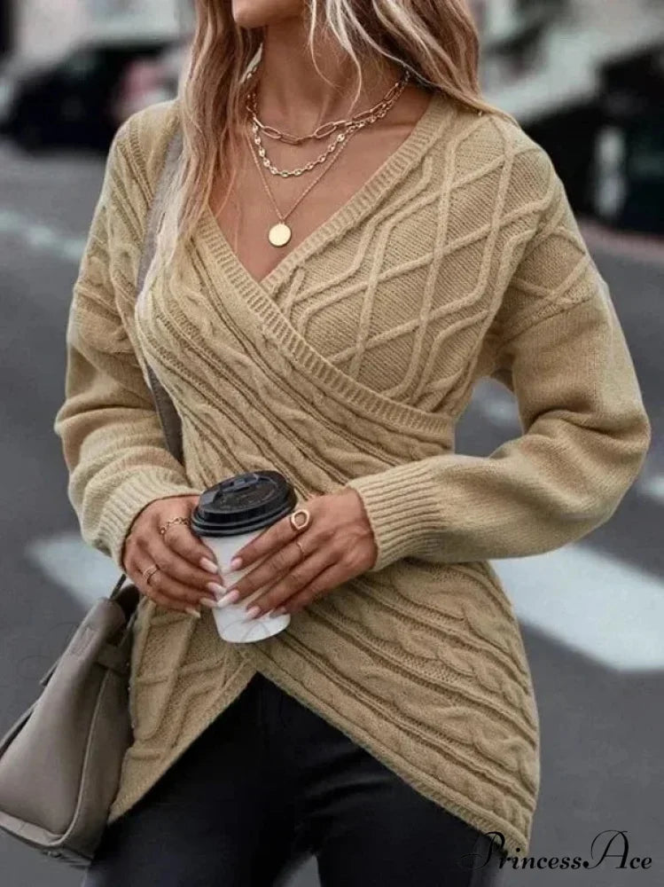 V - Neck Patterned Grey Y2k Sweater khaki / S swraters-241228